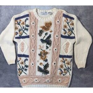 Vintage Cherry Stix Women’s M Cream Floral Ramie Acrylic Knit Sweater